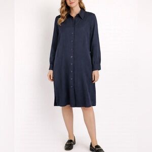 Vintage AKA Eddie Bauer 100% Silk 8 Navy Blue Long Sleeved Button Up Shirt Dress